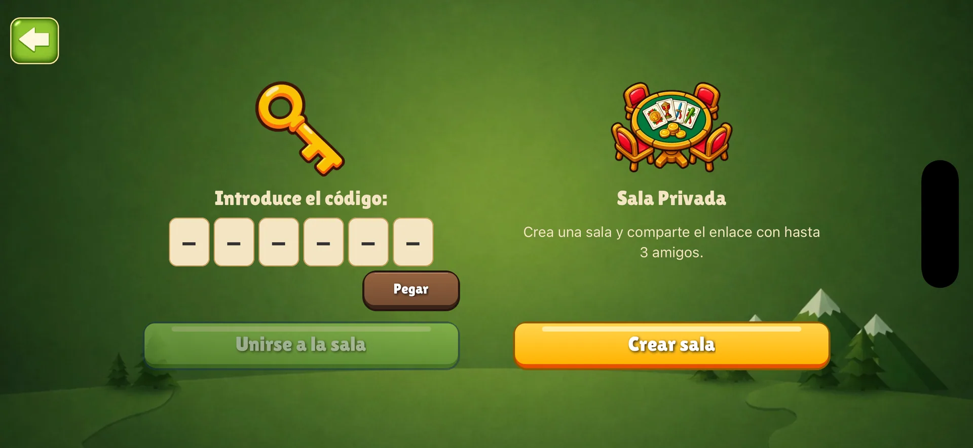 Pantalla de Guiñote+ para crear una sala privada o unirse con un código