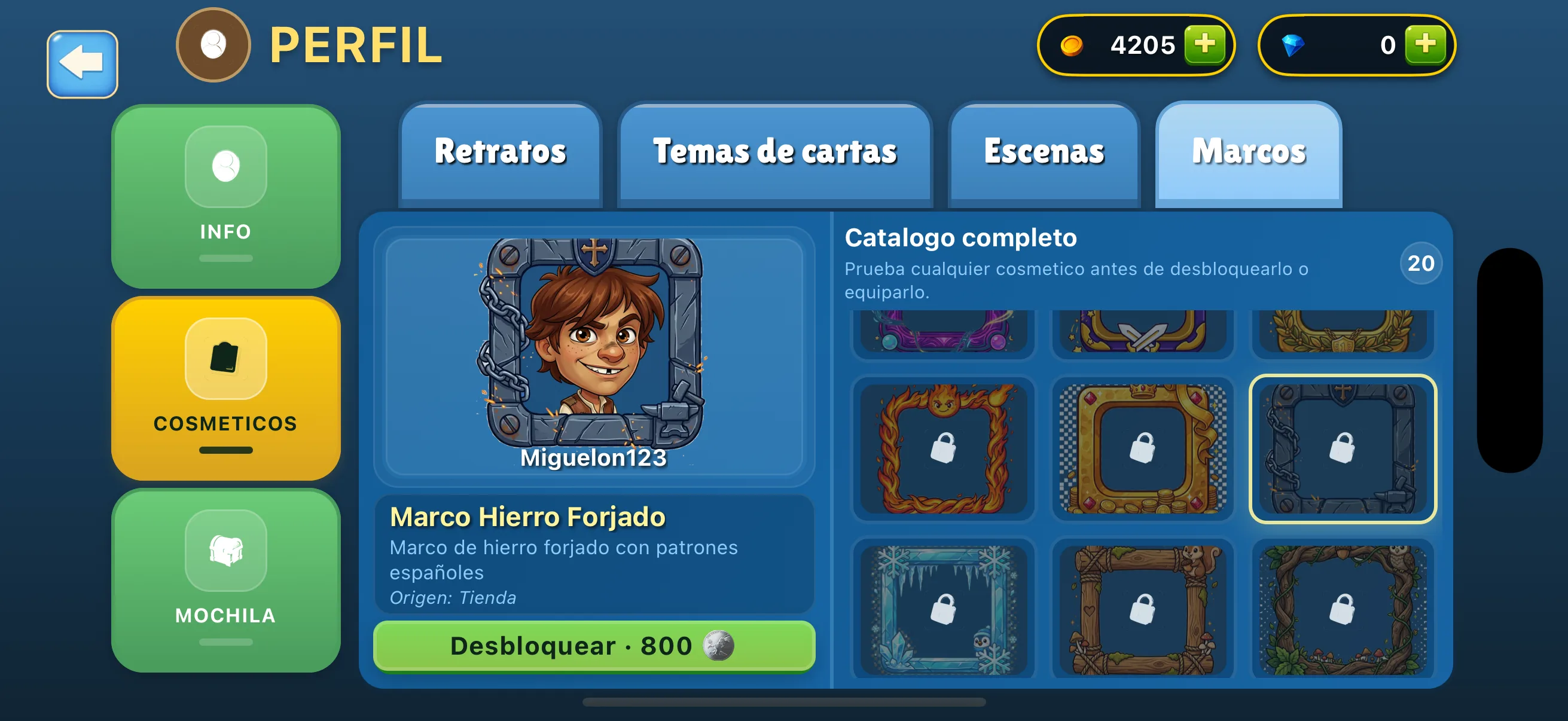 Pantalla de cosméticos y personalización de Guiñote+