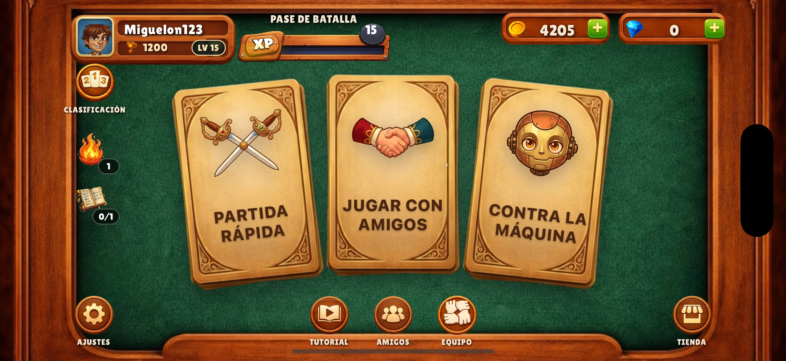 Menú principal de Guiñote+ con los modos de juego