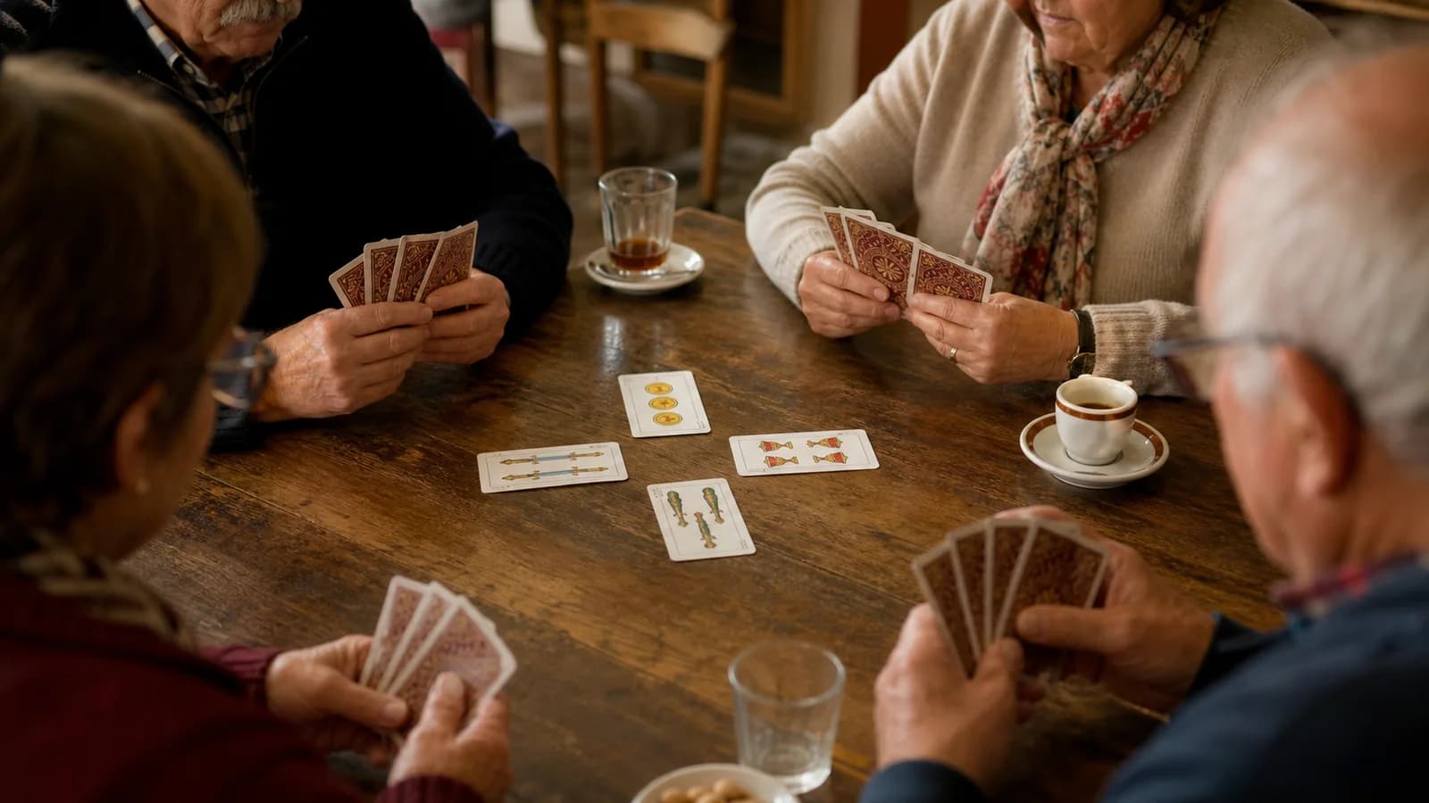 Cuatro personas jugando con baraja española alrededor de una mesa